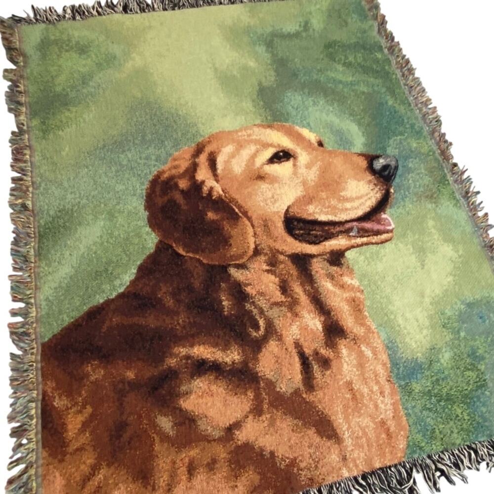 Vintage Golden Retriever Dog Woven Tapestry Throw Blanket Afghan Fringe Forest - Picture 7 of 8